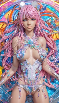 1girl,solo,long hair,breasts,looking at viewer,blue eyes,large breasts,hair ornament,bare shoulders,medium breasts,very long hair,pink hair,hairclip,lips,revealing clothes,breasts apart,science fiction,realistic,ass visible through thighs,partially visible vulva