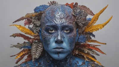 solo,looking at viewer,simple background,1boy,brown eyes,male focus,teeth,grey background,lips,gradient,gradient background,no humans,colored skin,leaf,feathers,portrait,realistic,blue skin,alien,white background,blue theme