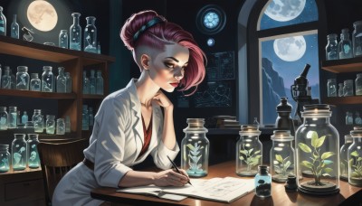 1girl,solo,breasts,short hair,shirt,holding,cleavage,brown eyes,sitting,closed mouth,collarbone,pink hair,purple hair,red hair,sky,belt,indoors,hair bun,lips,coat,window,makeup,night,moon,table,single hair bun,bottle,plant,lipstick,star (sky),night sky,full moon,desk,eyeshadow,head rest,paper,labcoat,clock,white coat,red lips,pen,hair pulled back,holding pen,jar,writing,note,book,nose,pencil,test tube,moonlight