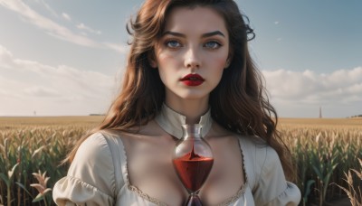 1girl,solo,long hair,breasts,looking at viewer,blue eyes,brown hair,dress,cleavage,medium breasts,collarbone,upper body,flower,outdoors,sky,choker,day,cloud,signature,white dress,lips,grey eyes,makeup,bottle,grass,lipstick,between breasts,alcohol,drinking glass,freckles,realistic,red lips,wine glass,field,wine,blush,parted lips,blue sky,wavy hair,sunlight,cloudy sky,scenery