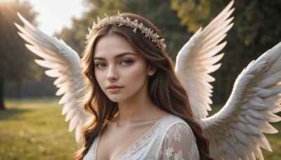 1girl,solo,long hair,breasts,looking at viewer,brown hair,hair ornament,dress,cleavage,brown eyes,jewelry,closed mouth,collarbone,upper body,flower,earrings,outdoors,wings,day,hair flower,white dress,mole,blurry,tree,lips,depth of field,blurry background,wavy hair,sunlight,feathered wings,forehead,mole on breast,angel wings,realistic,white wings,angel,head wreath,flower wreath,medium breasts,portrait,nose,bokeh