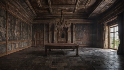 day,indoors,tree,no humans,window,table,sunlight,plant,scenery,light rays,wooden floor,stairs,door,tiles,bench,architecture,sunbeam,tile floor,pillar,ceiling,arch,column,chair,curtains,fantasy,candle,wall,ruins,statue,floor,candlestand,chandelier