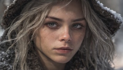 1girl,solo,long hair,looking at viewer,blonde hair,hat,closed mouth,hood,blurry,lips,grey eyes,fur trim,eyelashes,blurry background,expressionless,portrait,snow,close-up,freckles,snowing,realistic,nose,green eyes,depth of field,brown headwear,winter