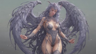 1girl,solo,long hair,breasts,large breasts,simple background,thighhighs,cleavage,medium breasts,very long hair,closed mouth,closed eyes,grey hair,cowboy shot,wings,horns,grey background,leotard,lips,groin,highleg,garter straps,thigh gap,feathers,breasts apart,feathered wings,highleg leotard,angel wings,realistic,red lips,grey thighhighs,grey leotard,bare shoulders,standing,parted lips,fingernails,gradient,gradient background,revealing clothes,facing viewer,angel