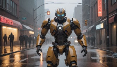 blue eyes,standing,outdoors,multiple boys,solo focus,no humans,glowing,formal,suit,robot,ground vehicle,building,mecha,glowing eyes,motor vehicle,reflection,walking,science fiction,rain,6+boys,city,sign,realistic,car,road,police,lamppost,street,open hands,humanoid robot,traffic light,people,looking at viewer,sky,umbrella,scenery,multiple others,grey sky