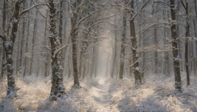 1girl,solo,1boy,standing,monochrome,weapon,outdoors,tree,nature,scenery,snow,forest,snowing,winter,bare tree,male focus,water