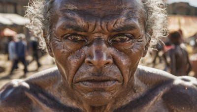 solo,looking at viewer,shirt,1boy,brown eyes,closed mouth,upper body,white hair,male focus,outdoors,multiple boys,solo focus,dark skin,blurry,lips,depth of field,blurry background,facial hair,frown,portrait,realistic,bald,old,old man,crowd,old woman,wrinkled skin,teeth,clenched teeth,close-up,curly hair,manly