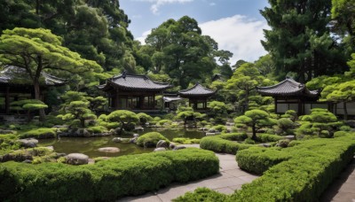 outdoors,sky,day,cloud,water,tree,blue sky,no humans,cloudy sky,grass,building,nature,scenery,forest,rock,road,bush,wall,architecture,east asian architecture,shrine,path,stone,stone lantern,plant,moss,pond