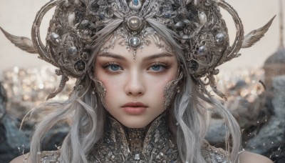 1girl,solo,long hair,looking at viewer,blue eyes,hair ornament,jewelry,closed mouth,white hair,grey hair,horns,artist name,blurry,lips,grey eyes,eyelashes,depth of field,blurry background,watermark,expressionless,feathers,gem,portrait,realistic,headpiece,fantasy,signature,armor,halo,helmet,close-up,nose,headdress,straight-on