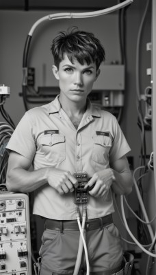 solo,looking at viewer,short hair,shirt,1boy,holding,closed mouth,standing,monochrome,short sleeves,greyscale,male focus,cowboy shot,shorts,collared shirt,belt,pants,blurry,lips,blurry background,science fiction,pocket,realistic,cable,breast pocket,wire,child,male child