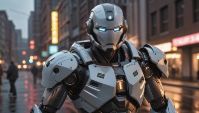 solo,looking at viewer,blue eyes,1boy,upper body,male focus,outdoors,solo focus,armor,blurry,no humans,blurry background,glowing,robot,building,mecha,glowing eyes,1other,science fiction,city,police,power armor,lights,humanoid robot,night,portrait,lens flare,cyberpunk