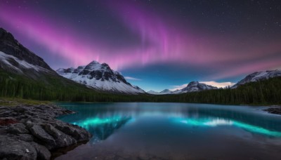 outdoors,sky,cloud,water,tree,no humans,night,grass,star (sky),nature,night sky,scenery,forest,starry sky,reflection,rock,mountain,river,landscape,lake,purple sky,aurora,milky way