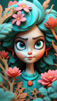 1girl,solo,long hair,looking at viewer,blue eyes,hair ornament,jewelry,closed mouth,green eyes,upper body,flower,earrings,green hair,artist name,hair flower,blurry,aqua eyes,lips,eyelashes,aqua hair,makeup,depth of field,leaf,plant,portrait,pink flower,freckles,blurry foreground