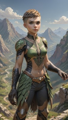 1girl,solo,breasts,looking at viewer,short hair,brown hair,gloves,navel,brown eyes,medium breasts,standing,outdoors,sky,day,midriff,belt,pants,cloud,armor,blue sky,lips,abs,grass,shoulder armor,gauntlets,toned,pauldrons,rock,mountain,nose,very short hair,small breasts,tattoo,bird,scar,cloudy sky,tomboy