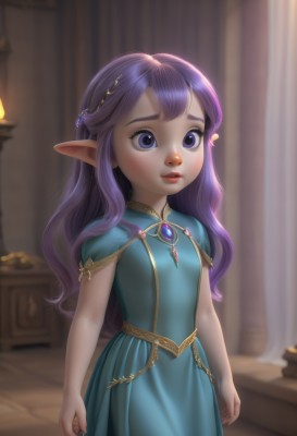 1girl,solo,long hair,blue eyes,hair ornament,dress,jewelry,standing,purple eyes,purple hair,short sleeves,parted lips,pointy ears,indoors,blurry,flat chest,lips,blurry background,blue dress,curtains,brooch,gem,child,arms at sides,female child,aqua dress,breasts,looking at viewer,blush,bangs,capelet,elf,green dress