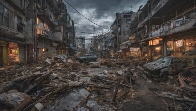 outdoors,sky,cloud,no humans,window,cloudy sky,ground vehicle,building,scenery,motor vehicle,rain,city,sign,car,road,cityscape,ruins,power lines,lamppost,street,utility pole,road sign,debris,rubble,trash bag,broken window,1girl,cable