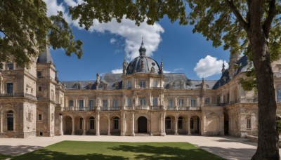 outdoors,sky,day,cloud,tree,blue sky,no humans,window,shadow,sunlight,cloudy sky,grass,building,scenery,fantasy,road,architecture,house,castle,tower,path,shade,arch