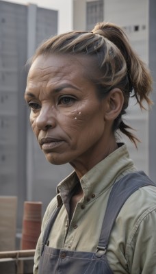 1girl,solo,looking at viewer,brown hair,shirt,1boy,brown eyes,white shirt,upper body,ponytail,male focus,parted lips,teeth,collared shirt,indoors,blurry,black eyes,lips,buttons,blurry background,short ponytail,realistic,nose,overalls,old,old man,old woman,blue overalls,wrinkled skin,outdoors,grey eyes,facial hair,building,portrait