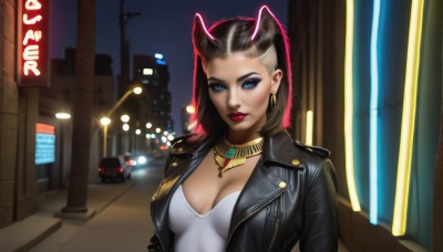 1girl,solo,breasts,looking at viewer,short hair,blue eyes,shirt,black hair,animal ears,cleavage,jewelry,medium breasts,jacket,white shirt,upper body,white hair,multicolored hair,earrings,outdoors,parted lips,open clothes,horns,medium hair,necklace,blurry,two-tone hair,open jacket,lips,streaked hair,black jacket,makeup,night,blurry background,lipstick,ground vehicle,building,motor vehicle,eyeshadow,hoop earrings,city,nose,red lips,car,road,leather,lamppost,street,leather jacket,cyberpunk,brown hair,sky,artist name,mole,eyelashes,depth of field,zipper,realistic,antennae,neon lights