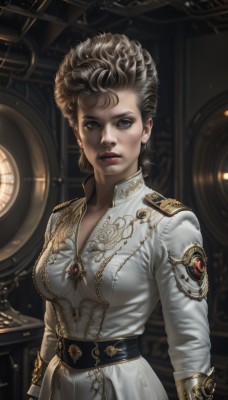 1girl,solo,breasts,looking at viewer,short hair,blue eyes,blonde hair,brown hair,long sleeves,dress,cleavage,jewelry,medium breasts,standing,upper body,parted lips,belt,indoors,signature,white dress,uniform,lips,grey eyes,military,eyelashes,military uniform,makeup,lipstick,brooch,gem,eyeshadow,curly hair,gold trim,realistic,nose,red lips,eyeliner,medal,steampunk,earrings,mole