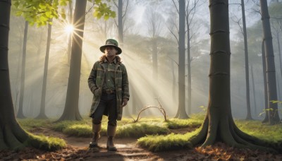 solo,brown hair,shirt,long sleeves,1boy,hat,brown eyes,closed mouth,standing,jacket,closed eyes,male focus,boots,outdoors,open clothes,day,belt,pants,tree,coat,plaid,leaf,black pants,sunlight,grass,nature,scenery,forest,backlighting,hand in pocket,light rays,green headwear,sunbeam,looking at viewer,black hair,gloves,facial hair,brown footwear,top hat