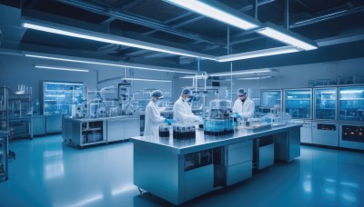 short hair,hat,standing,multiple boys,indoors,cup,window,mask,chair,table,scenery,reflection,science fiction,blue theme,robe,labcoat,tiles,multiple others,monitor,kitchen,ambiguous gender,shop,ceiling,counter,ceiling light,doctor,sitting,2boys,mouth mask,reflective floor