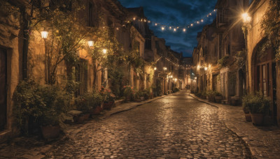 outdoors, sky, cloud, tree, no humans, night, plant, building, night sky, scenery, lantern, city, potted plant, road, lamp, lamppost, street, flower pot, pavement