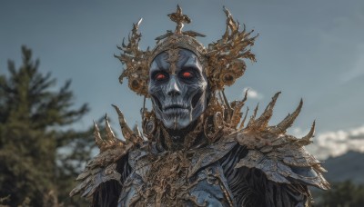 solo,looking at viewer,red eyes,1boy,upper body,male focus,outdoors,sky,teeth,day,armor,blurry,tree,blurry background,glowing,colored skin,helmet,sharp teeth,shoulder armor,portrait,glowing eyes,1other,colored sclera,pauldrons,skull,black sclera,undead,jewelry,earrings,artist name,cloud,signature,crown,spikes,skeleton,horror (theme),grey sky,pine tree