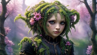 HQ,1girl,solo,looking at viewer,short hair,blue eyes,hair ornament,upper body,flower,outdoors,parted lips,green hair,hair flower,blurry,tree,lips,makeup,depth of field,blurry background,leaf,plant,monster girl,portrait,nature,pink flower,zipper,realistic,fantasy,eyelashes,freckles,plant girl