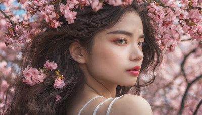 1girl, solo, long hair, looking at viewer, brown hair, bare shoulders, brown eyes, flower, outdoors, parted lips, day, looking back, blurry, lips, depth of field, cherry blossoms, portrait, realistic, nose