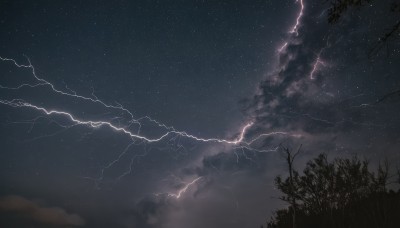 outdoors,sky,cloud,tree,no humans,night,cloudy sky,star (sky),nature,night sky,scenery,forest,starry sky,electricity,lightning,monochrome,signature,dark