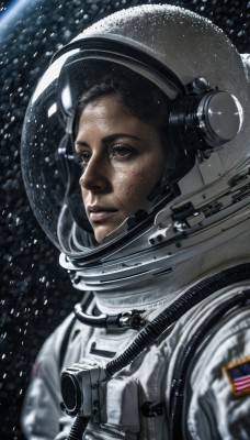 solo,looking at viewer,black hair,1boy,brown eyes,upper body,male focus,signature,blurry,black eyes,lips,helmet,snow,freckles,science fiction,realistic,nose,space,american flag,spacesuit,japanese flag,astronaut,1girl,parted lips,looking away,portrait,star (sky),reflection,looking afar,planet,earth (planet),space helmet