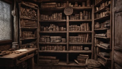 monochrome,indoors,cup,book,no humans,window,chair,table,bottle,box,scenery,rain,wooden floor,bookshelf,sepia,shelf,book stack,library,ladder,brown theme,loaded interior,paper,clock,jar,still life,quill