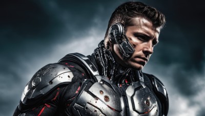 solo,brown hair,1boy,closed mouth,closed eyes,upper body,male focus,dark skin,armor,blurry,blurry background,facial hair,dark-skinned male,science fiction,realistic,android,manly,cyborg,cyberpunk,black hair,beard,power armor