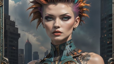 1girl,solo,looking at viewer,short hair,blue eyes,brown hair,bare shoulders,jewelry,green eyes,multicolored hair,earrings,outdoors,parted lips,sky,cloud,orange hair,mole,lips,tattoo,makeup,cloudy sky,lipstick,building,portrait,eyeshadow,freckles,science fiction,city,realistic,red lips,skyscraper,mascara,cyberpunk,teeth,eyelashes,piercing,close-up