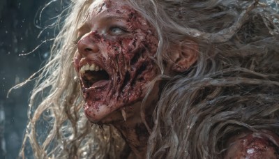 1girl,solo,long hair,open mouth,blue eyes,white hair,teeth,tongue,blood,looking up,portrait,injury,blood on face,realistic,blonde hair,1boy,male focus,blurry,blurry background,halo,veins,horror (theme)