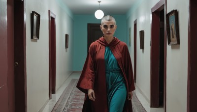 1girl,solo,looking at viewer,long sleeves,dress,brown eyes,closed mouth,standing,indoors,dark skin,dark-skinned female,coat,blue dress,robe,door,bald,horror (theme),hallway,cape,black eyes,lips,realistic,doorway