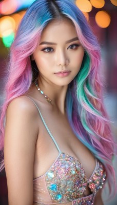 1girl,solo,long hair,breasts,looking at viewer,smile,black hair,cleavage,bare shoulders,jewelry,medium breasts,closed mouth,underwear,blue hair,collarbone,swimsuit,upper body,pink hair,bikini,multicolored hair,artist name,necklace,bra,blurry,black eyes,two-tone hair,lips,eyelashes,aqua hair,makeup,depth of field,blurry background,watermark,lingerie,web address,eyeshadow,realistic,nose,brown eyes,gradient hair,forehead,bokeh