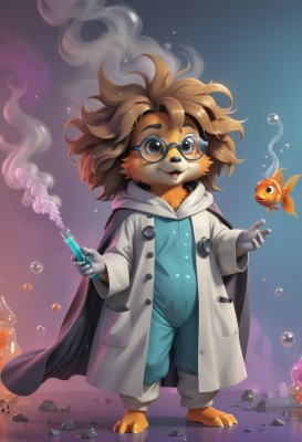 1girl,solo,looking at viewer,smile,open mouth,brown hair,gloves,1boy,holding,animal ears,brown eyes,standing,full body,male focus,glasses,barefoot,artist name,hood,cape,watermark,child,furry,smoke,fish,bubble,black-framed eyewear,rock,round eyewear,labcoat,overalls,furry male,animal nose,test tube,goldfish,short hair,long sleeves,teeth,gradient background,freckles,underwater,furry female,air bubble,vial,brown-framed eyewear