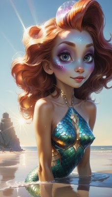 1girl,solo,long hair,breasts,looking at viewer,blush,smile,blue eyes,bare shoulders,jewelry,closed mouth,collarbone,swimsuit,upper body,red hair,earrings,small breasts,outdoors,sky,solo focus,day,artist name,water,necklace,orange hair,covered nipples,blue sky,lips,wet,one-piece swimsuit,grey eyes,eyelashes,makeup,ocean,halterneck,watermark,wavy hair,beach,sunlight,thick eyebrows,lipstick,monster girl,gem,eyeshadow,partially submerged,backlighting,freckles,curly hair,blue one-piece swimsuit,nose,sun,scales,mermaid,shell,mascara,green eyes,facial mark,sand,stud earrings,eyeliner