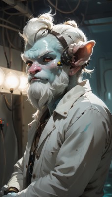 solo,shirt,red eyes,gloves,long sleeves,1boy,jewelry,upper body,white hair,male focus,earrings,pointy ears,indoors,coat,orange eyes,colored skin,facial hair,headphones,piercing,beard,furry,watch,realistic,blue skin,labcoat,cable,furry male,old,dirty,looking at viewer,animal ears,brown eyes,closed mouth,jacket,open clothes,collared shirt,artist name,blurry,from side,lips,torn clothes,black shirt,blurry background,white jacket,thick eyebrows,colored sclera,nose,mustache,old man,wrinkled skin