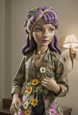 1girl,solo,long hair,shirt,hair ornament,long sleeves,holding,brown eyes,jewelry,closed mouth,standing,yellow eyes,purple hair,flower,multicolored hair,cowboy shot,collared shirt,pants,indoors,hair flower,necklace,two-tone hair,lips,looking to the side,makeup,looking away,black pants,floral print,lipstick,realistic,yellow flower,green shirt,holding flower,red lips,lamp,earrings