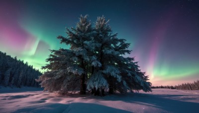 solo,standing,outdoors,sky,tree,coat,no humans,night,star (sky),nature,night sky,scenery,snow,forest,starry sky,winter,christmas tree,pine tree,aurora,landscape,gradient sky