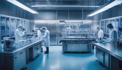 short hair,gloves,long sleeves,hat,holding,standing,male focus,multiple boys,pants,indoors,white gloves,2boys,black footwear,window,helmet,bottle,scenery,reflection,6+boys,labcoat,tiles,kitchen,sink,doctor,brown hair,mask,mouth mask,wide shot,multiple others,surgical mask,ambiguous gender