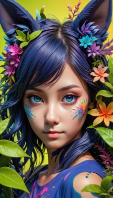 1girl,solo,long hair,looking at viewer,bangs,blue eyes,shirt,black hair,hair ornament,animal ears,closed mouth,blue hair,upper body,flower,hair flower,rabbit ears,lips,eyelashes,makeup,swept bangs,leaf,facial mark,blue shirt,plant,portrait,yellow background,pink flower,eyeshadow,freckles,blue flower,pink lips,realistic,nose,facepaint,mascara,paint splatter,paint,paint splatter on face,simple background,artist name