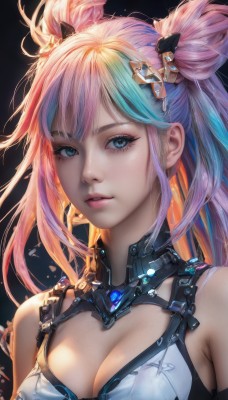 1girl,solo,long hair,breasts,looking at viewer,bangs,blue eyes,blonde hair,simple background,hair ornament,cleavage,bare shoulders,medium breasts,blue hair,upper body,pink hair,multicolored hair,parted lips,two-tone hair,lips,streaked hair,clothing cutout,eyelashes,double bun,makeup,cleavage cutout,black background,realistic,nose,large breasts,swimsuit,bikini,artist name,hair bun,gradient hair,portrait,science fiction,eyeliner