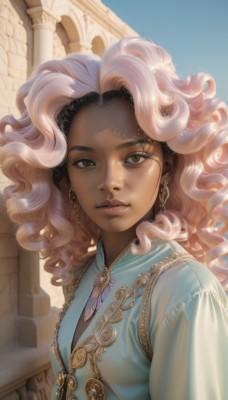 1girl,solo,long hair,breasts,looking at viewer,brown hair,shirt,dress,brown eyes,jewelry,closed mouth,upper body,pink hair,white hair,multicolored hair,earrings,small breasts,outdoors,parted lips,sky,day,artist name,dark skin,medium hair,necklace,mole,two-tone hair,dark-skinned female,blue sky,lips,eyelashes,makeup,blue dress,wavy hair,blue shirt,gem,eyeshadow,freckles,curly hair,realistic,nose,parted hair,watermark,piercing