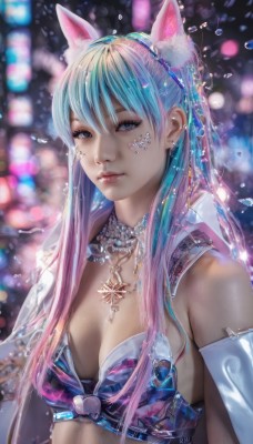 1girl,solo,long hair,breasts,looking at viewer,bangs,blue eyes,hair ornament,gloves,animal ears,cleavage,bare shoulders,jewelry,medium breasts,closed mouth,blue hair,upper body,pink hair,heart,multicolored hair,hairband,earrings,detached sleeves,elbow gloves,cat ears,necklace,blurry,two-tone hair,lips,aqua hair,gradient hair,blurry background,fake animal ears,facial mark,realistic,nose,hair between eyes,swimsuit,bikini,artist name,bra,animal ear fluff,depth of field,piercing,bokeh