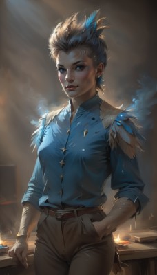 1girl,solo,breasts,looking at viewer,short hair,blue eyes,blonde hair,brown hair,shirt,hair ornament,gloves,long sleeves,jewelry,closed mouth,standing,cowboy shot,earrings,small breasts,collared shirt,belt,pants,artist name,signature,lips,eyelashes,dress shirt,makeup,buttons,fire,feathers,blue shirt,buckle,brown gloves,sleeves rolled up,smoke,backlighting,freckles,hand in pocket,belt buckle,nose,brown belt,feather hair ornament,brown pants,black hair,parted lips,sunlight,realistic,hands in pockets,red lips,stud earrings