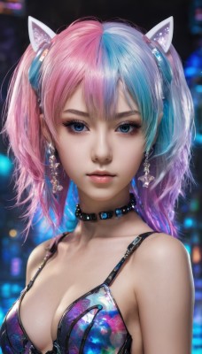 1girl,solo,long hair,breasts,looking at viewer,bangs,blue eyes,hair ornament,animal ears,cleavage,bare shoulders,twintails,jewelry,medium breasts,closed mouth,underwear,blue hair,collarbone,swimsuit,upper body,pink hair,bikini,multicolored hair,earrings,choker,shiny,artist name,cat ears,bra,blurry,collar,two-tone hair,lips,eyelashes,aqua hair,makeup,depth of field,blurry background,fake animal ears,watermark,spikes,eyeshadow,pink lips,realistic,nose,mascara,parted lips,signature,expressionless,gem